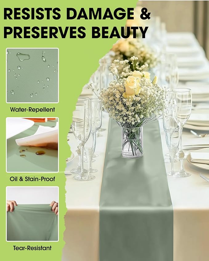 Pureegg Plastic Table Runners Disposable 12 Pack, 14 x 108 Inch Table Runner, Wedding Party, Decorative Table Runner, Rectangle, Light, Pastel Plastic Cover, Leakproof & Sturdy, Sage Green