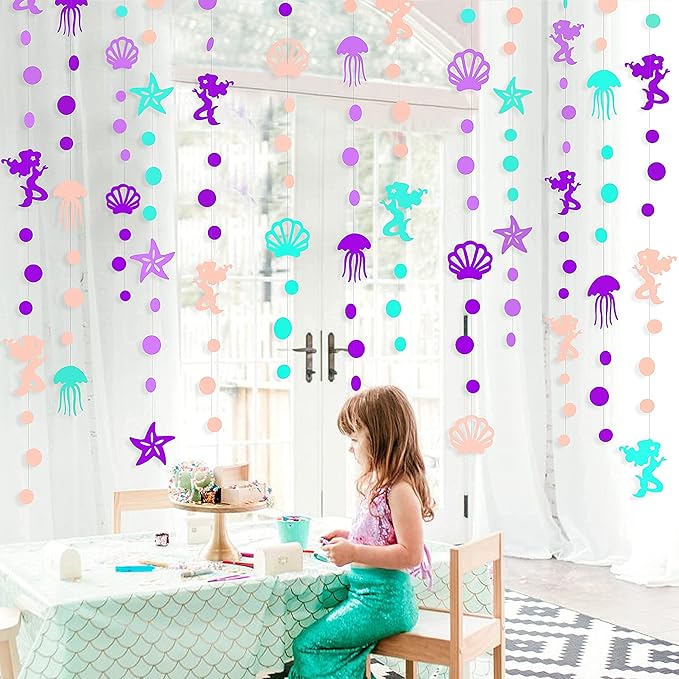52 Ft Mermaid Party Decorations Purple Teal Coral Garland with Jellyfish Seashell Starfish Pearl Lavender Aqua Paper Streamer for Under The Sea Little Mermaid Theme Birthday Bachelorette Baby Shower