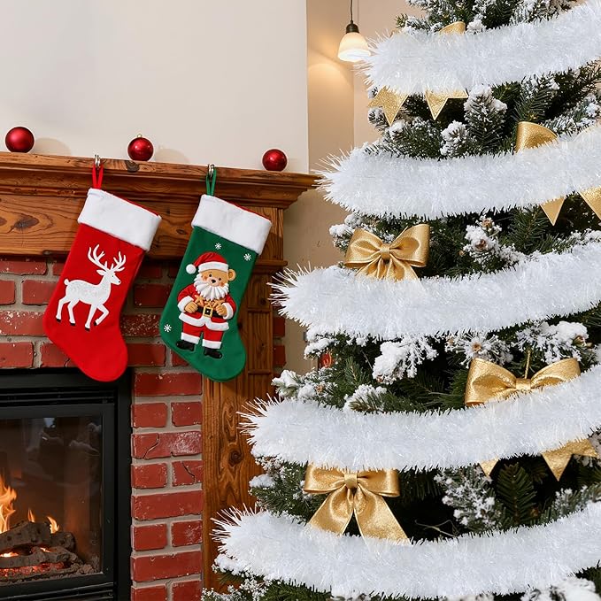 50 Ft White Christmas Tinsel Garland, Thick Thin Metallic Twist Shiny Hanging Garland Ornaments Metallic Streamers for Xmas Tree Indoor Decor