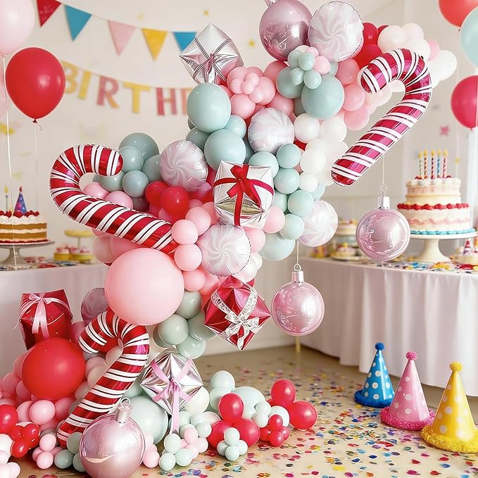 Christmas Balloon Garland 129pcs, Gingerbread Pink Green Red White Balloons Arch Kit with Foil 22inch Large 4D Balloon Candy Cane Gift Box Balloons for Christmas Party New Year Xmas Holiday Decoration