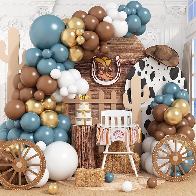 Dusty Blue Brown Balloon Arch Kit Slate Retro Blue White Coffee Gold Balloons Garland Rodeo Cowboy Latex Balloons for Western Cow Baby Shower Graduation Boho Farm Birthday Party Decorations