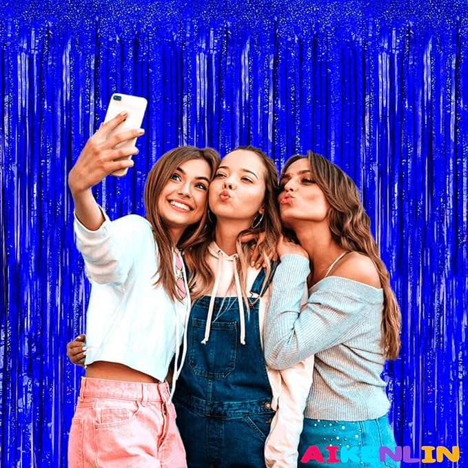 4 Pack 3.2Ft x 8.2Ft Blue Foil Fringe Curtain Backdrop, Metallic Tinsel Foil Fringe Streamers Curtains Background for Photo Booth, Birthday, Wedding, Disco, Bachelorette, Christmas Party Decoration