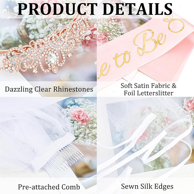 CIEHER Bachelorette Party Favors - White Veil, Bride to Be Sash & Crystal Crown for Bridal Shower Decoraions Wedding Party Gifts - Satin Sash