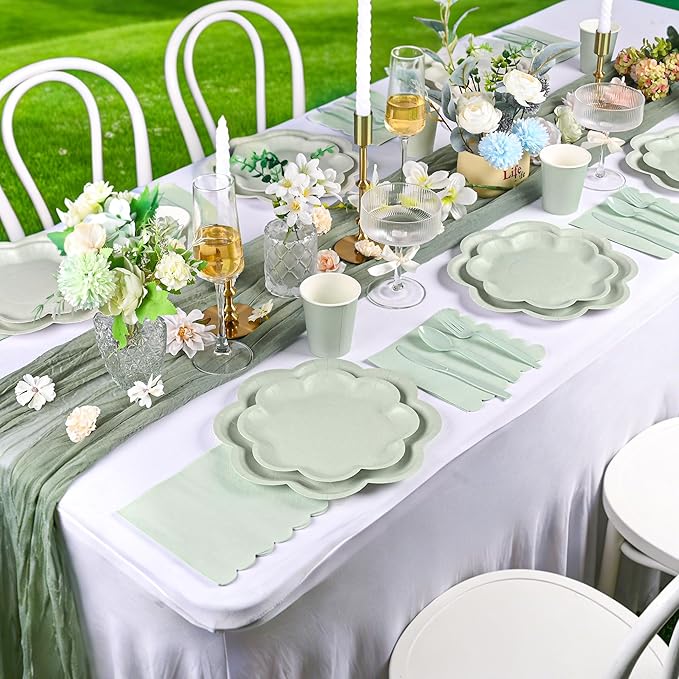 350 Pcs Sage Green Paper Plates and Napkins Set, 9" Easter Plates, 7" Scalloped Dessert Plate, 9oz Cup & Plastic Cutlery, Sage Green Party Supplies for Baby Shower Wedding Birthday, Serve for 50 Guest