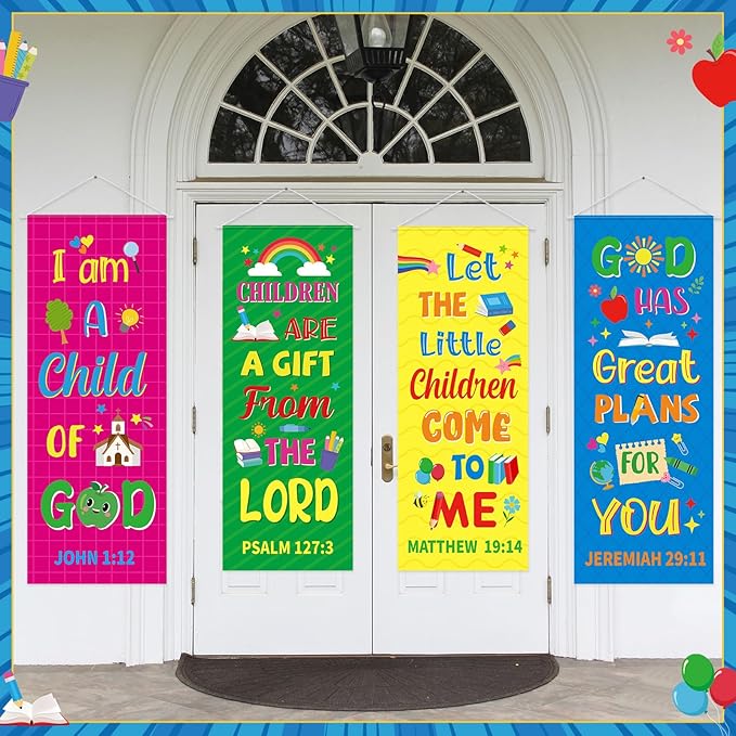 Panelee 4 Pcs Church Banners for Sanctuary Wall Rainbow Cartoon Church Banners with Scripture Inspirational Religious Praise Bible Verses Hanging Backdrop Signs for Sunday School Worship Decoration