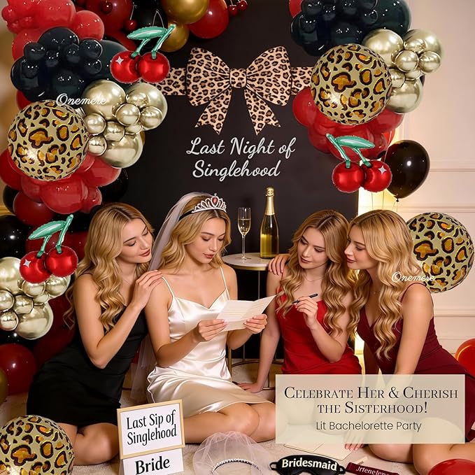 Cheetah Print Balloon Arch Kit,185pcs Red Black Gold Metallic Balloons, with Foil Cherry Cheetah Balloons for Cheetah Birthday Decorations, Bachelorette, Vintage Cherry Theme Party Decorations