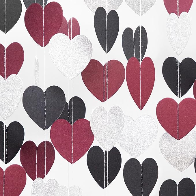 Silver Black and Burgundy Birthday-Decorations-Party - 52Ft Heart Paper Garland Decoration Streamers Banner Bridal Baby Shower Wedding Bachelorette Engagement Graduation Hanging Decor Hongtongtong