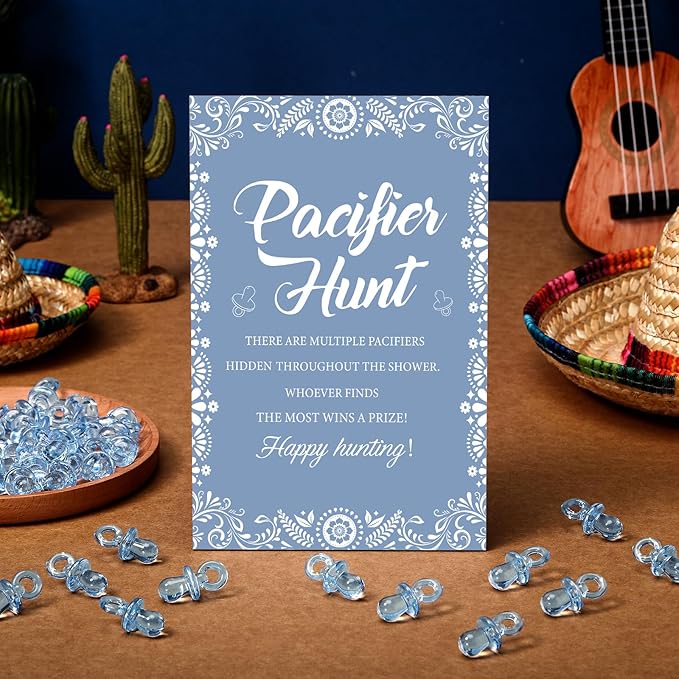 Thyle 51 Pcs Cielito Lindo Pacifier Hunt Baby Shower Games Include Hunt Sign and 50 Acrylic Pacifiers for Mexican Baby Shower Game Decoration Sets Gender Reveal Newborn Announcement Party Decor