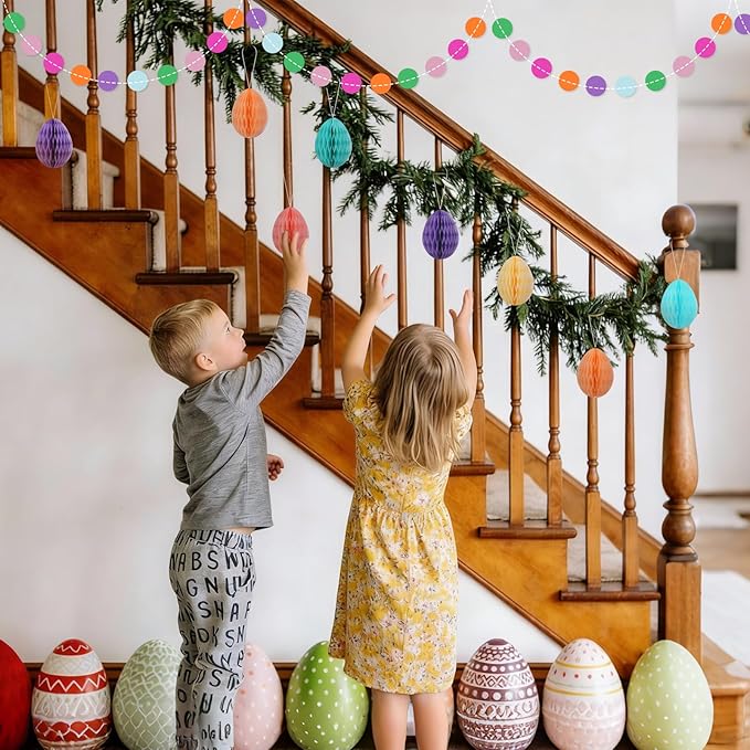 AhfuLife Easter Decorations Set, Happy Easter Bunny Paper Banner, Easter Egg Hunt Signs Clues with Sticks and Bunny Feet, Reusable Bunting for Home Garden Indoor Outdoor Party Game Decorations