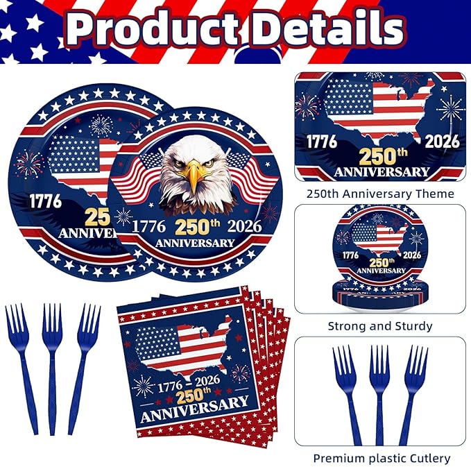 100 Pcs 250th Anniversary Party Supplies - Serves 25, Red White Blue Disposable Tableware, Includes Paper Plates, Napkins, Plastic Forks for 1776-2026 Patriotic Decor, Independence Day, 4th of July