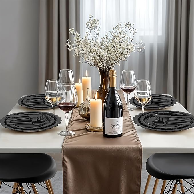 175 Pcs Black Plates and Napkins 25 Guest Black Party Supplies Includes Scalloped Party Plate Napkins Cups Plastic Cutlery for Birthday, New Year