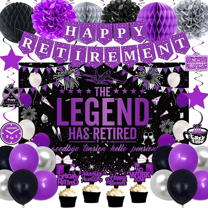 Retirement Party Decorations Women, Purple Black Happy Retirement Decorations Female, Happy RetIrement Banner, Retired Backdrop, Balloons, Pompoms, Hanging Swirls, Retired Cake Topper, 54pcs
