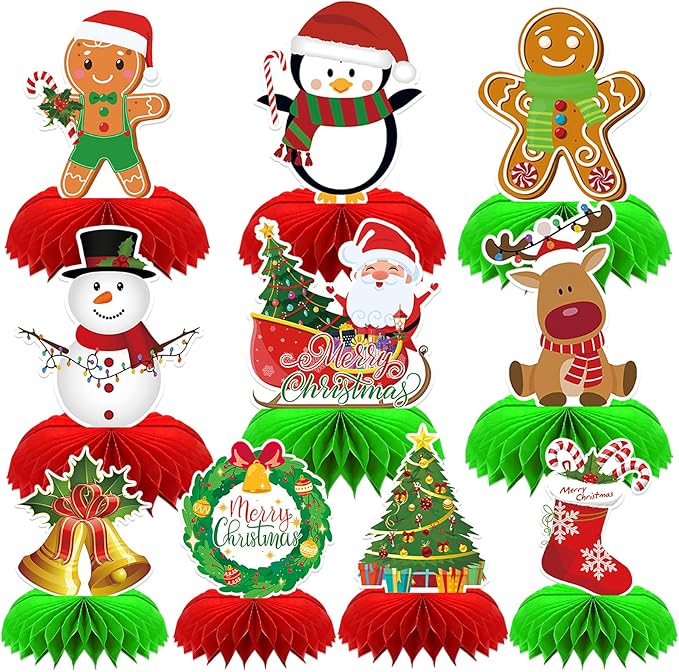 10 Pieces Christmas Honeycomb Centerpiece, Gingerbread Man Snowman Santa Honeycomb Centerpieces Christmas Party Birthday Home Table Toppers Double Sided Decorations