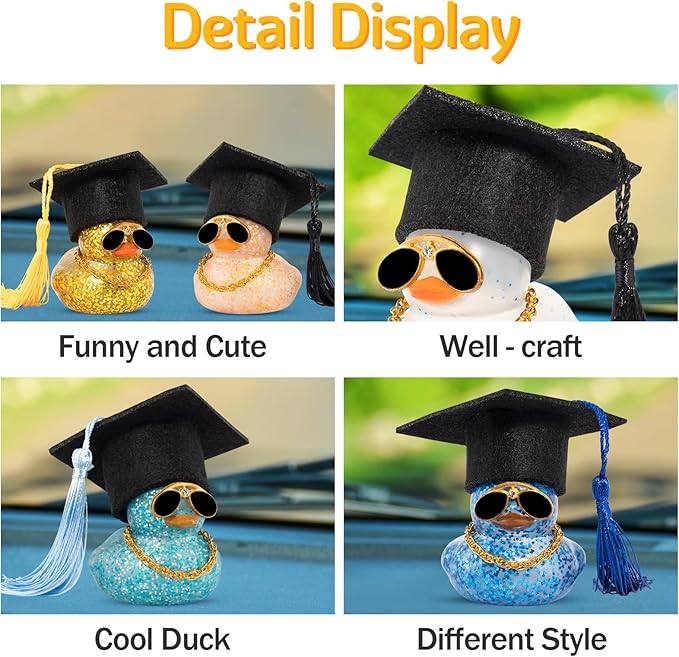 wonuu Car Dashboard Decor Graduation Hat Color Rubber Duck, Car Ducks Ornaments with Mini Graduation Hat Necklace Sunglasses (Dark Blue)
