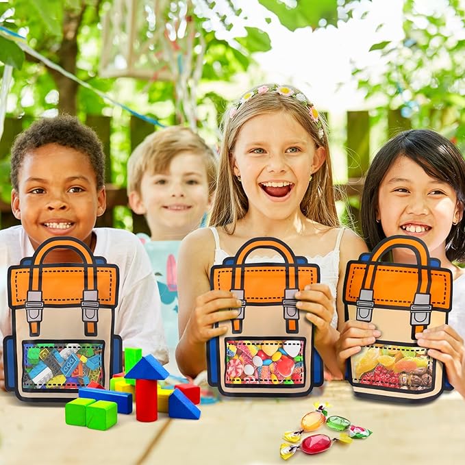 EONSUI 30PCS Plastic Cartoon Backpack Shaped Goodies Bags with Handles for Kids Birthday, Back to School Supplies, Baby Shower, Party, Wedding, Reusable Bulk Gift Wrapper for Candy, Snacks, Chocolate