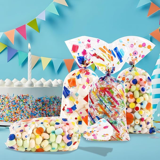 SOMIOCO Rainbow Cellophane Treat Bags Party Favor Bags 5x11 in 100 Pieces Plastic Candy Bags Gift Bags Goodie Bags with Twist Ties for Valentine, Birthday,Cookie Snack Packing Party Bags (4 Pattrerns)