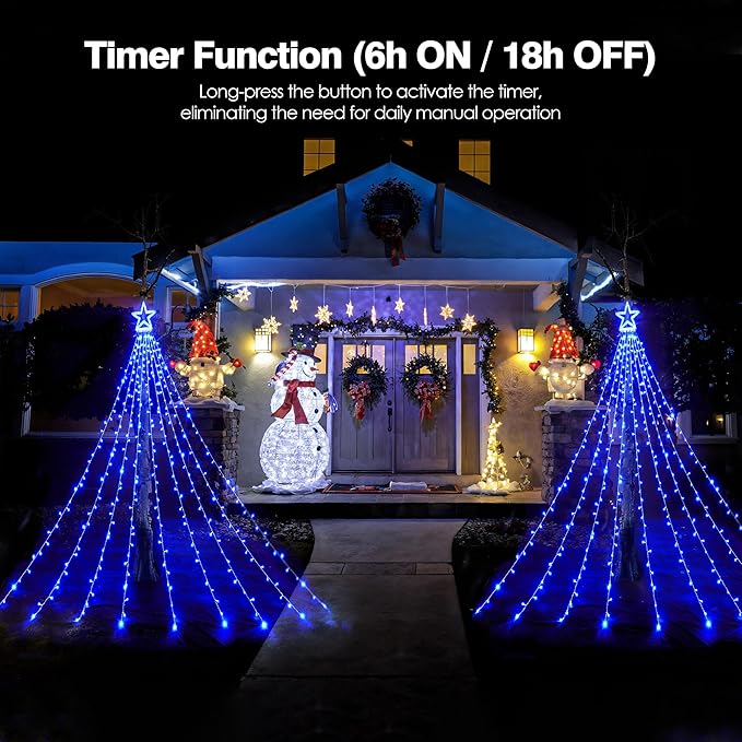 BlcTec Outdoor Christmas Decorations 317 LEDs Christmas Lights with 9 Strands 11.9ft Waterfall Christmas Tree Lights, 8 Modes, UL Certified, Waterproof, Topper Star & Timer for Yard Patio Décor, Blue