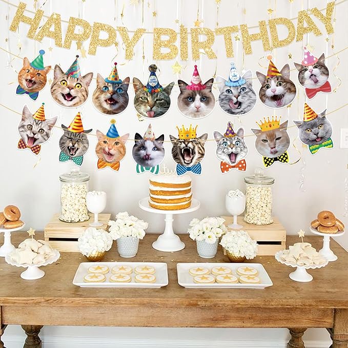 Cat Happy Birthday Banner - Cat Birthday Decorations Party Decor Supplies for Kids, Boys, Girls