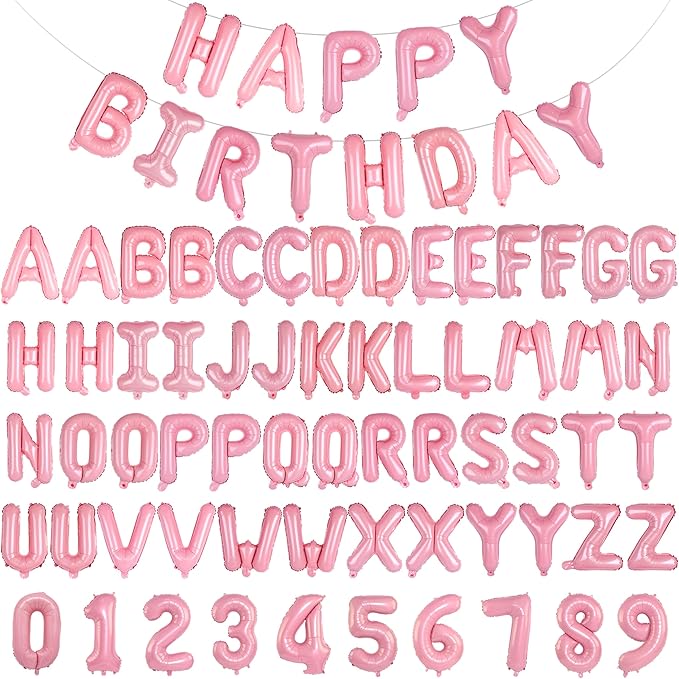 75pcs 16" Happy Birthday Balloon Banner, Pink Balloons Letters, Personalized Mylar Foil Birthday Decorations includes 2 Sets A- Z, 1 set Number 0-9 "HAPPY BIRTHDAY" letters