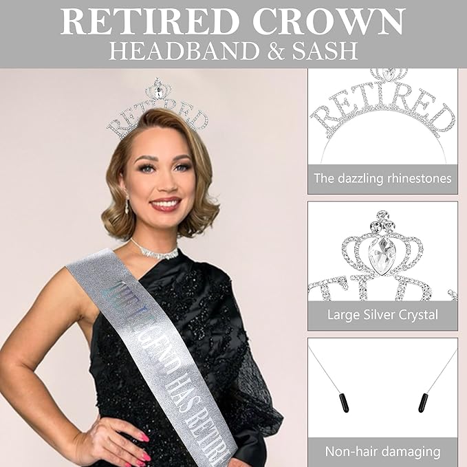 Retirement Gift for Woman - Silver Sash and Crown Headband Party Decorations - The Legend Has Retired - Elegant Cute Rhinestone Headband