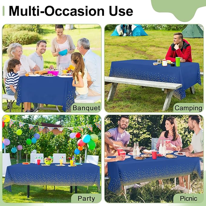 misaya 3 Packs Dot Disposable Table Cloth, 54 x 108 Inch Waterproof Plastic Tablecloth, Rectangle Gold Dots in Navy Table Covers for Easter, Picnic, Birthday, Party