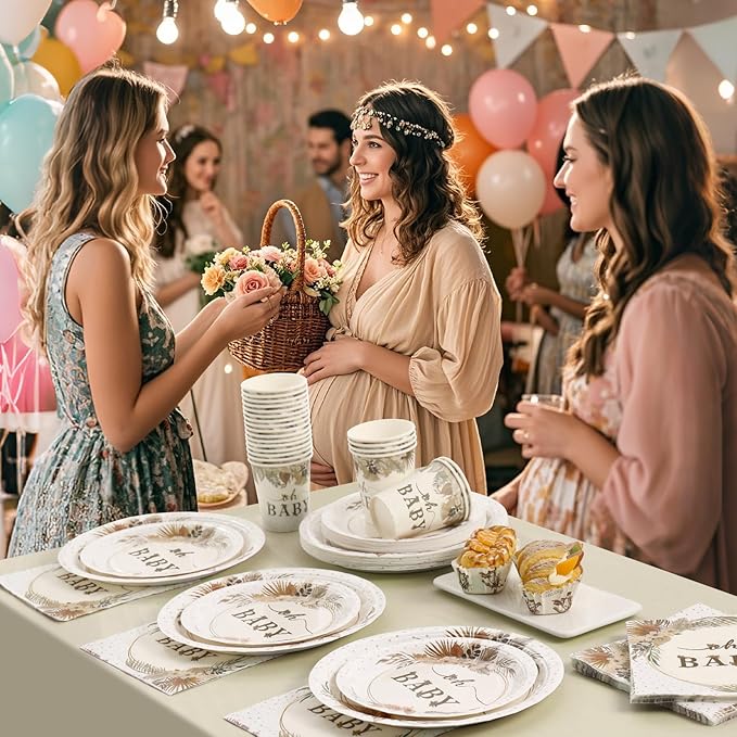350 Pcs Boho Baby Shower Decorations for Girl, Baby Shower Plates and Cups and Napkins Sets, Oh Baby Plates for Western Sweet Baby Girl, Summer Fall Gender Neutral, Serves 50
