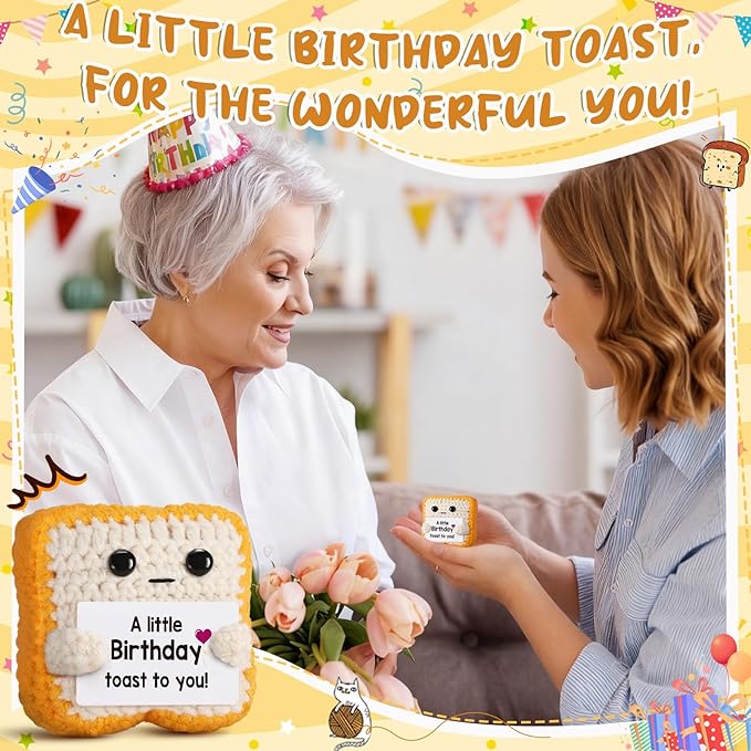 A little Birthday Toast to you - Funny Happy Birthday Gifts for Women, Men, Mom, Dad, Friend, Best Gift for Her Ideas - Unique Crochet Toast Gift Card - Cute Easter Basket Stuffers for Daughter, Son