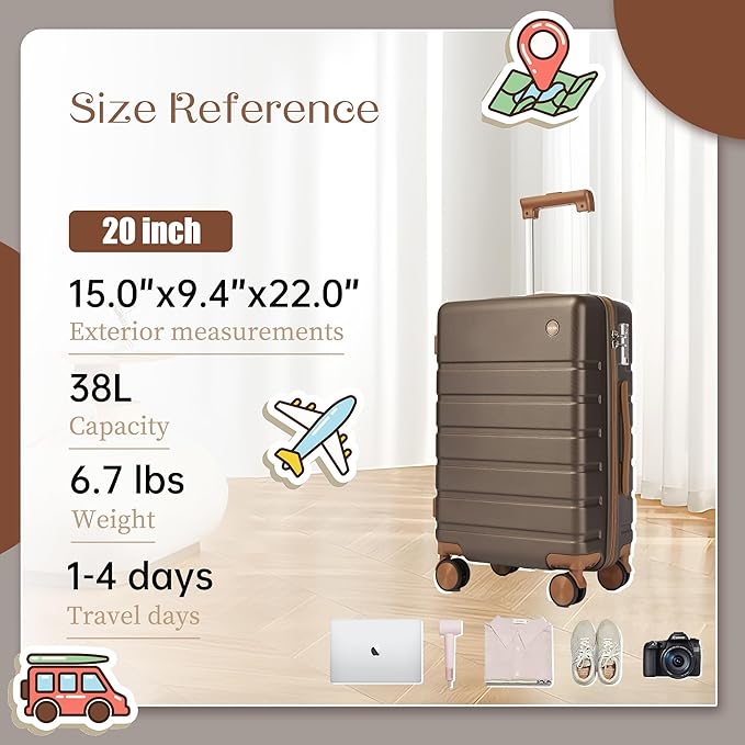 Hulsin Carry on Luggage Suitcase, 22x14x9 Airline Approved 20 Inch Hardside Carry-on Luggage with Spinner Wheels, Hard Shell Luggage with TSA Lock, Hard Case Small Travel Suitcase (Coffee, 20-Inch)
