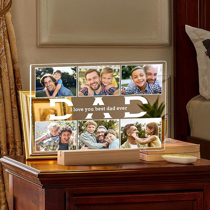Personalized Birthday Gifts for Dad from Daughter Son, Custom Picture Frames with Photos, Customized Photo Frame with Night Light, Personalized Gifts for Dad Baby Kid Family