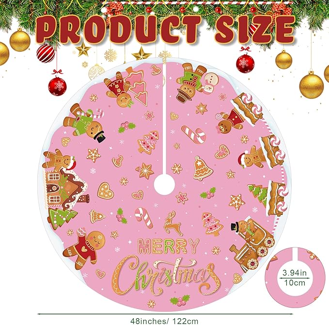 Capoda Pink Christmas Tree Skirt Gingerbread Man Candy Christmas Tree Skirt 48 Inch Xmas Tree Mat Gingerbread Christmas Tree Skirts Mat for Holiday Christmas Party Decorations Indoor Outdoor