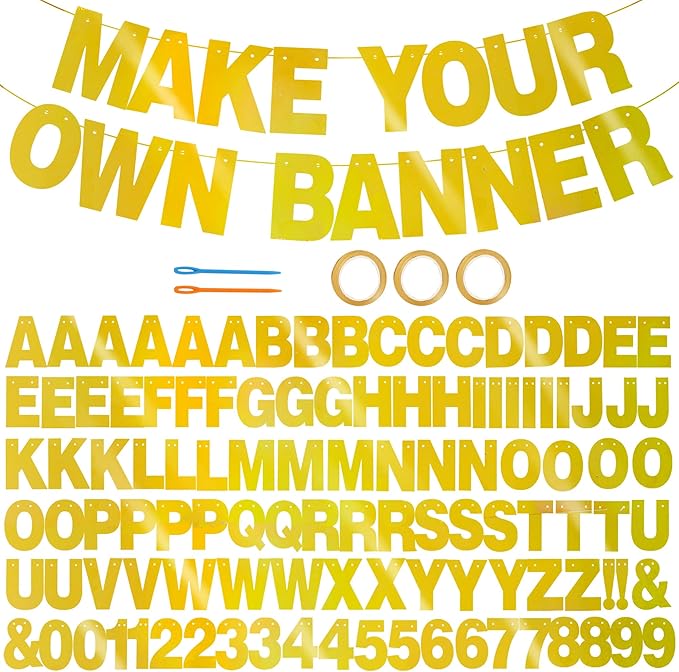 BEISHIDA 116 PCS A-Z DIY Letter Banner Kit Make Your Own Banner Double-Sided Gold Including 111 Letters and Numbers 3 Rope and 9 Threading Device,Customized for Birthday Graduation Wedding Decor