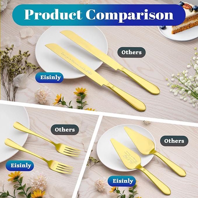 Cake Cutting Set for Wedding, Elegant Cake Knife and Server Set with Stainless Steel Forks, Cake Cutter and Pie Spatula for Engagements, Anniversary, Bride and Groom, 4Pcs, Gold