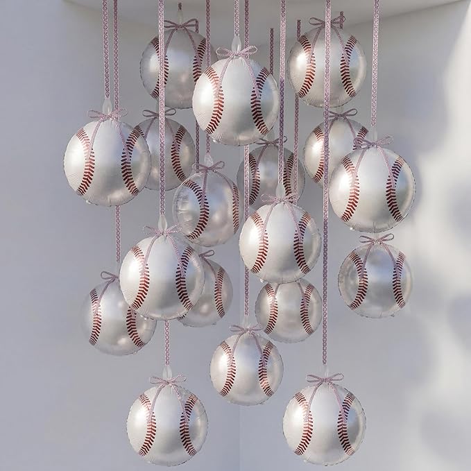 36 Pcs Baseball Balloons, 18 Inch Baseball Metallic Foil Balloons with Ribbons, Sports Party Decorations for Senior Night Birthday Baby Shower Party Supplies