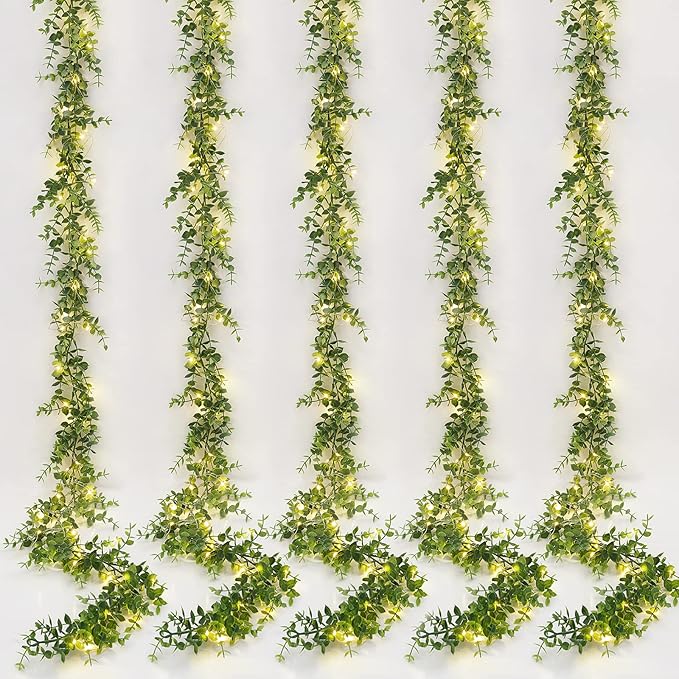 Dolicer 5 Packs Eucalyptus Garland with LED Lights String, 30Ft Faux Eucalyptus Greenery Garland, Artificial Hanging Green Eucalyptus Leaves Vine Wedding Backdrop Arch Wall Table Decor (Grey Green)