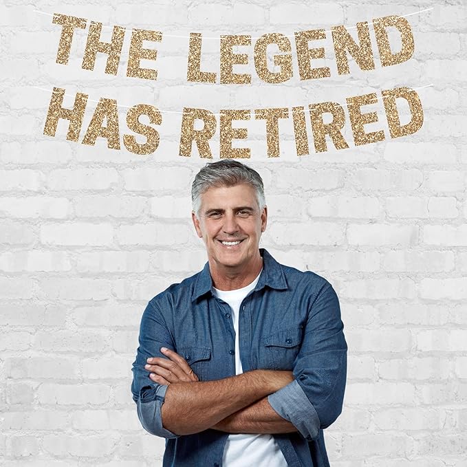 Pre-Strung The Legend Has Retired Banner - No DIY - Gold Glitter Happy Retirement Banner - Pre-Strung on 8 ft Strand - Happy Retirement Party Decorations for Men & Women. Did We Mention No DIY