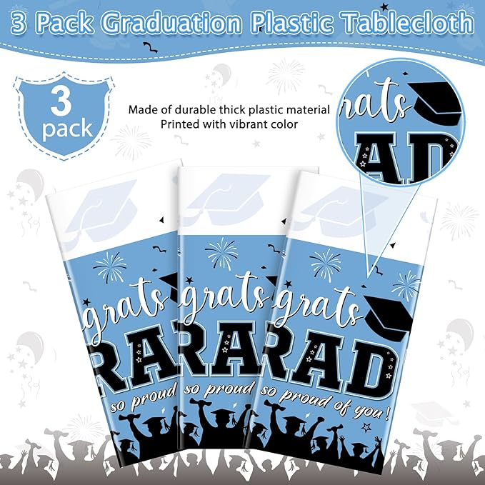 3 Pack Graduation Tablecloth Party Decorations, Class 2026 Congrats Grad Plastic Tablecover Party Supplies, Light Blue Rectangle Graduation Table Decorations for College High School Party, 54x108 Inch
