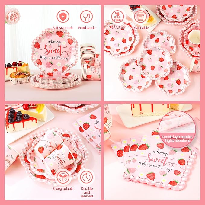 Strawberry Baby Shower Decorations for Girl, Berry Sweet Baby Shower Plates and Cups and Napkins Sets Serves 24, Strawberry Plates, A Berry Sweet Baby Is On The Way Decorations, Girl
