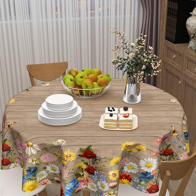 Spring Summer Round Tablecloth 60 Inch Vintage Floral Brown Wood Circle Table Cloth Farmhouse Table Cover Washable Polyester Indoor Decorations for Home Kitchen Dinning Party