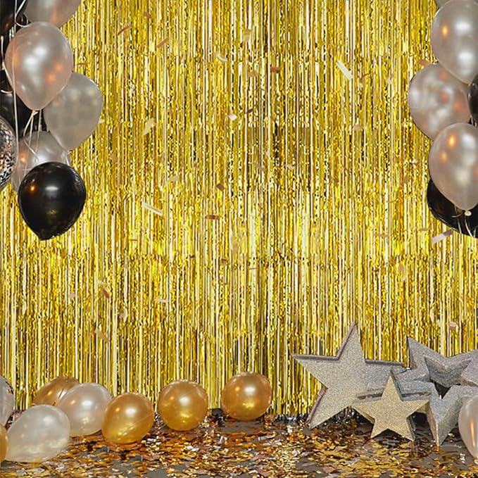 2 Pack Foil Fringe Backdrop - Laser Gold Shiny Tinsel Curtains for Party Decoration/Photo Booth Props - 3.3x6.6 FT Metallic Foil Backdrop for Birthday, Wedding, Graduation, Christmas.