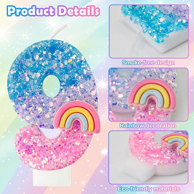 Rainbow Birthday Number Candles, Number 9 Candles, Cupcake Decorations, Macaron Birthday Cake Decorations, Cartoon Theme Party Supplies (Number 9)