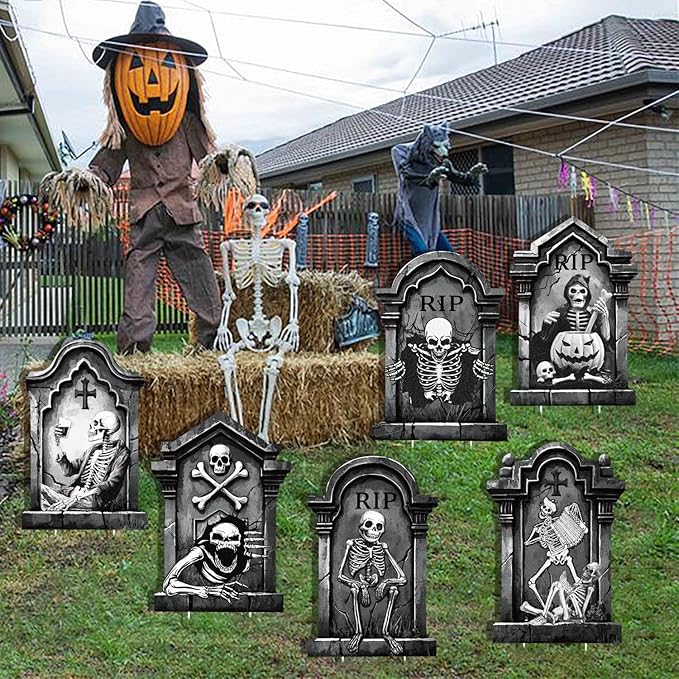 Spooky Halloween Tombstones Yard Signs Decoration, Graveyard Skeletons, 6pcs 11.5“x16.53 Scary Party Decor, Halloween Lawn Stakes Outdoor or Indoor, Waterproof Material