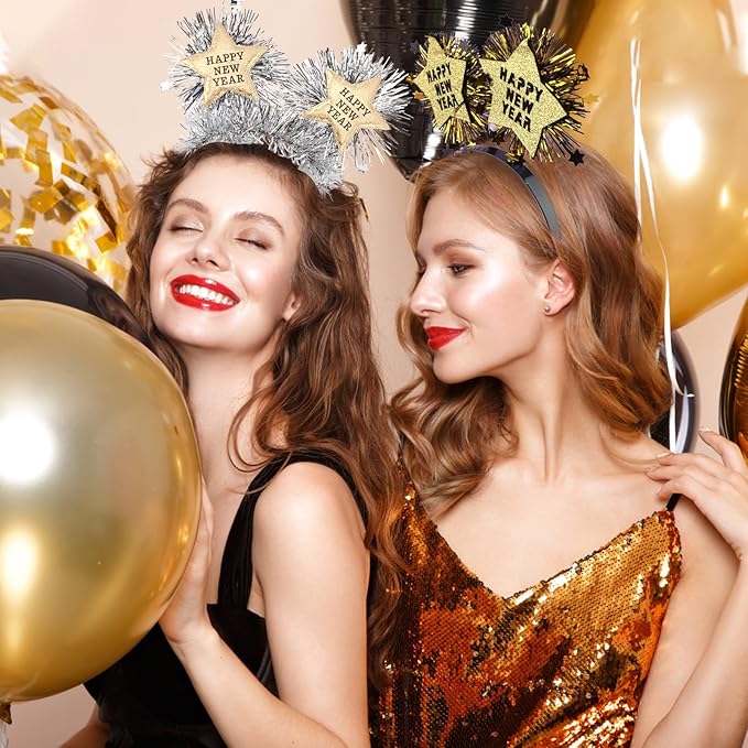 4PCS Happy New Year Headbands for Women, Silver and Gold Hair Hoop Headdress Hair Accessories for New Years Eve Party Supplies 2026