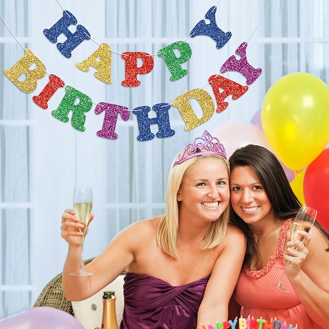 Glitter Colorful Happy Birthday Banner Birthday Party Decorations Sign Garland Bunting Banner for Wall Decor Party Background for Kids Boys Girls Adults