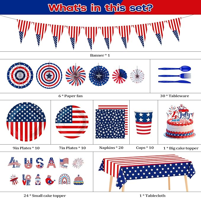 4th/Fourth of July Patriotic Decorations Set Stars and Stripes Old Glory Banner American Flag Hanging Paper Fans Cake Toppers Plates Tableware Tablecloth for USA Independence Day Party Decor Supplies