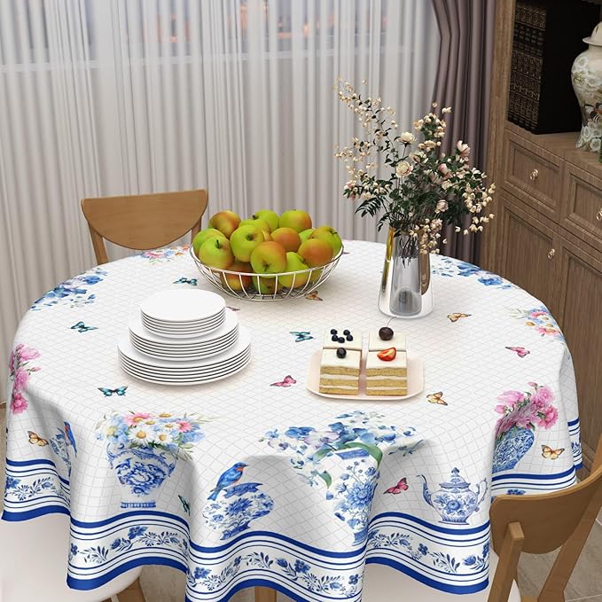 Spring Summer Round Tablecloth Blue Vase Floral Circle Table Cloth 70 Inch Chinoiserie Farmhouse Table Cover Washable Polyester Indoor Decorations for Home Kitchen Dinning Party