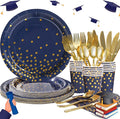 168Pcs Navy Blue Plates and Napkins Party Supplies, Blue Paper Plates Serve 24, blue and Gold Party Decorations, for Birthday, Fathers Day, Graduation, 4th of July