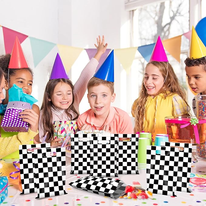50 Pcs Black and White Checkered Race Car Party Favor Bags, Plastic Black and White Car Goodie Treat Bags, Racecar Buffalo Plaid Candy Gift Bags for Kids Fast Race Car Birthday Party Decorations