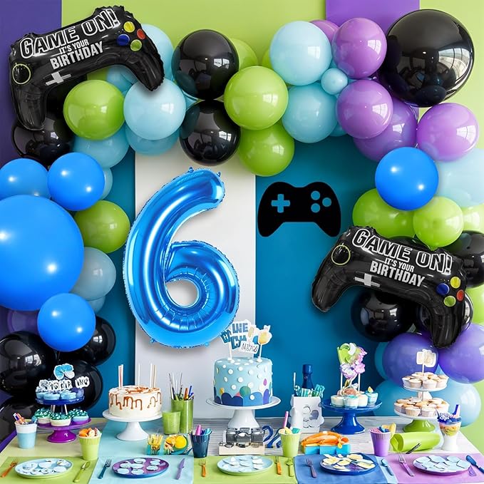 6th Birthday Video Game Balloons Arch Kit, Blue, Black, 101 Pieces, Video Game Themed, Balloon Arch, Decoration, Children (Boys & Girls, Age 6), Unisex