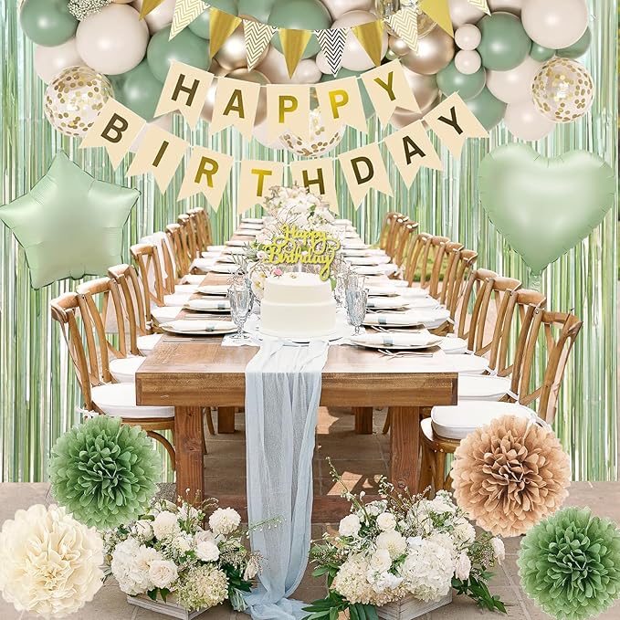 Sage Green Birthday Decorations, Neutral Green Gold Nude Party Décor with Foil & Latex Balloons Sash Fringe Curtains Happy Birthday Banner Cake Topper Paper Pompoms Party Decor for Women Girl