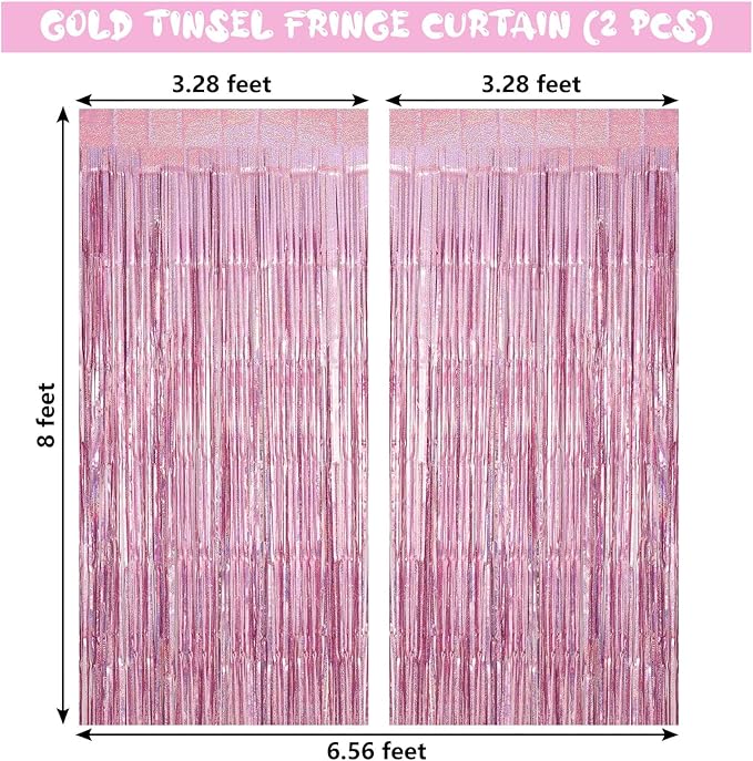 Pink Tinsel Foil Fringe Curtain Backdrop, 3.3 x 8.2 ft Metallic Glitter Curtain Streamers, 2 Pack Pink Photoboth for Birthday Bridal Shower Valentines Day Party Decorations
